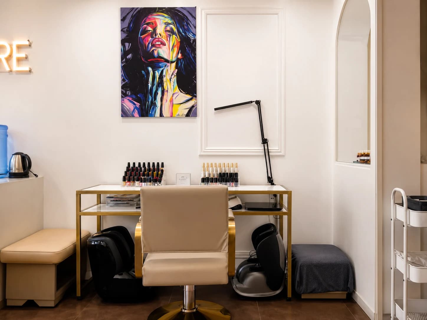 ESCLARE Daet nail care station with colorful artwork and organized supplies