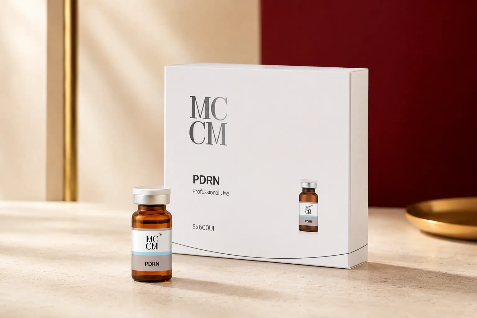 MCCM PDRN professional-use vial and packaging on a neutral display