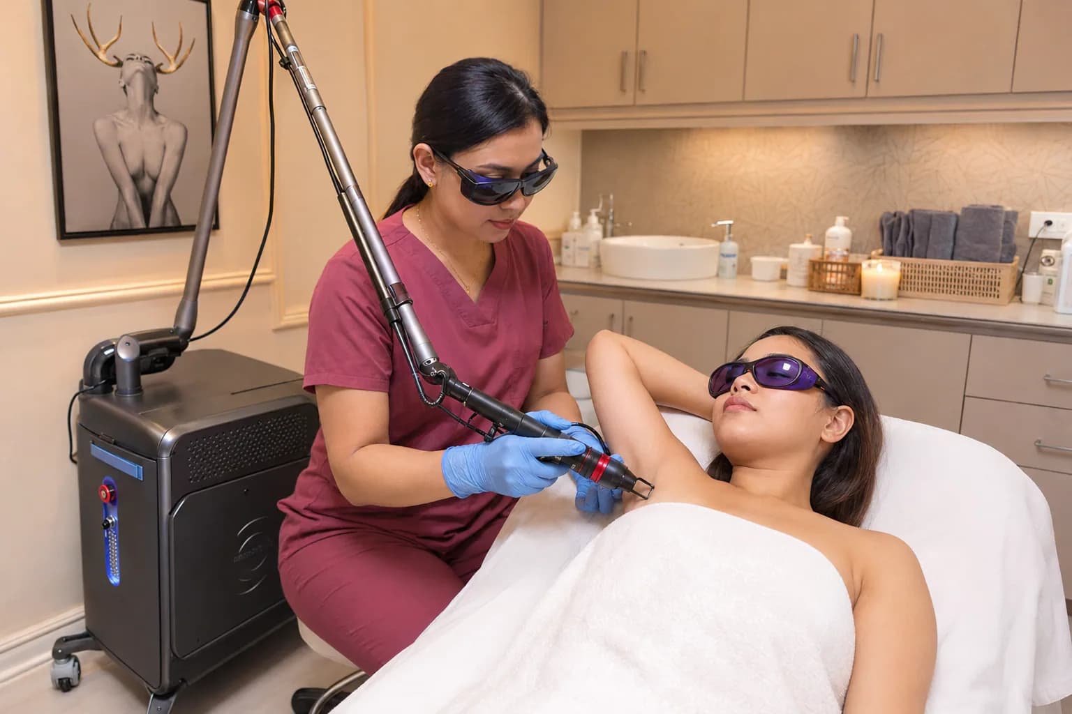 Pico laser brightening treatment visual for the underarm area with protective eyewear