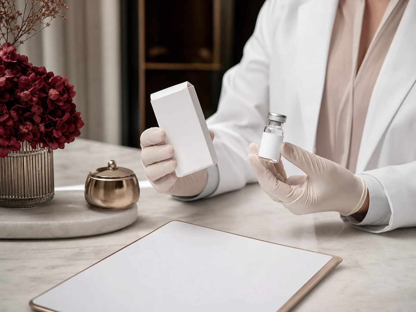 Professional-use skincare packaging in a clinical product display